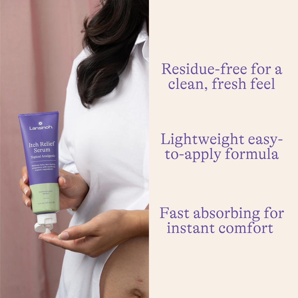 Lansinoh Itch Relief Serum bottle-close-up emphasizes pregnancy-safe formula.