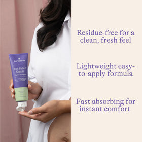 Lansinoh Itch Relief Serum bottle-close-up emphasizes pregnancy-safe formula.