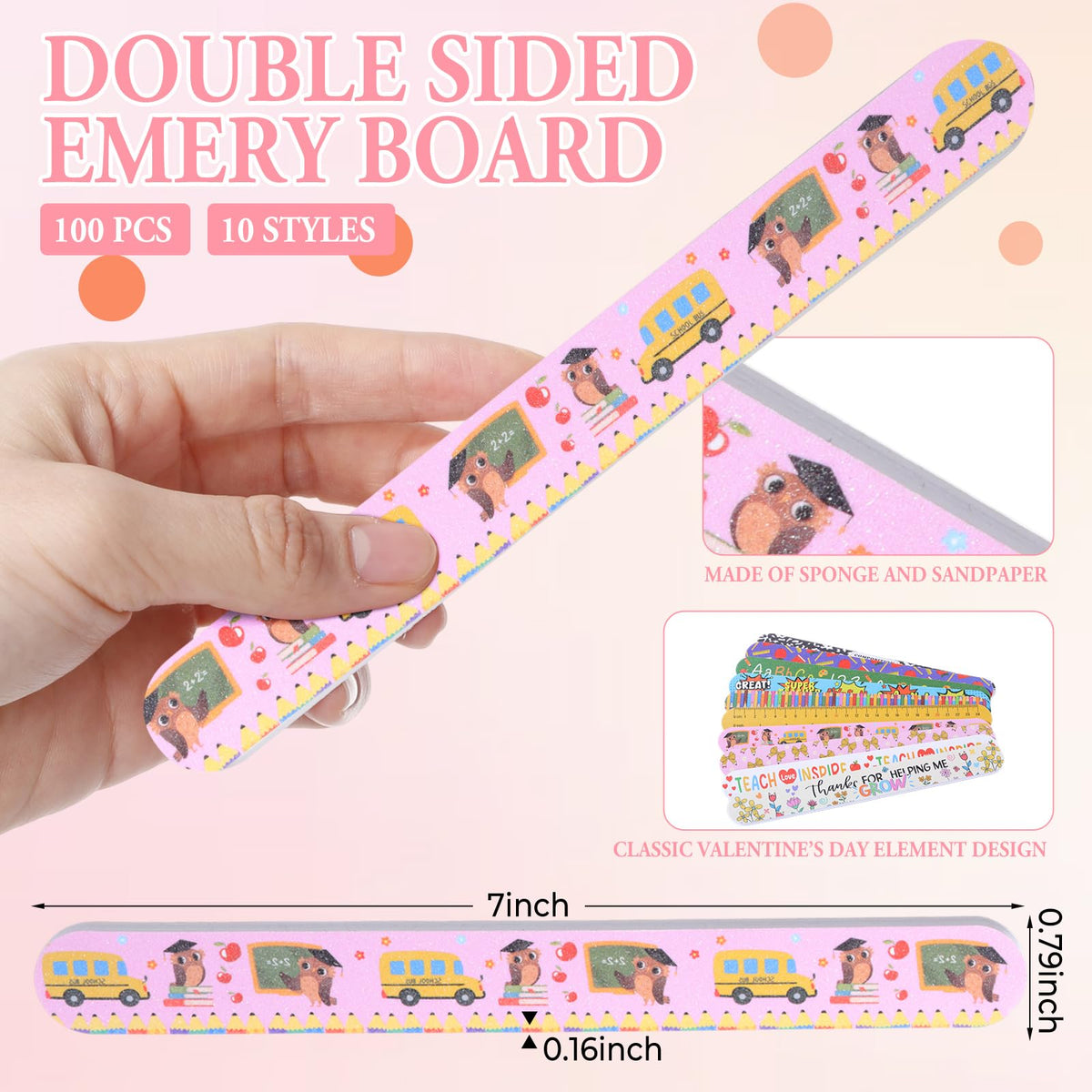Lanties teacher-themed nail files featuring apples pencils notebooks patterns