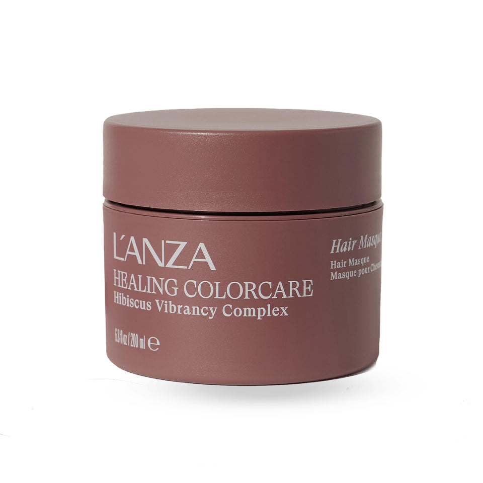 L’ANZA Healing ColorCare Masque bottle closeup showing color protection and moisture restoration.