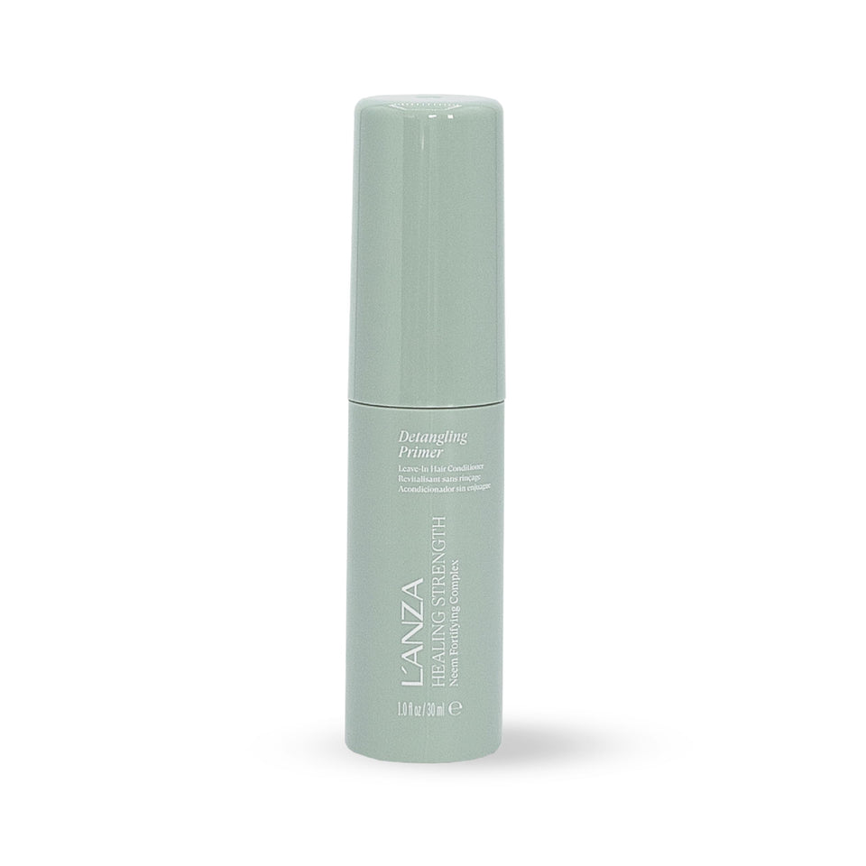 L’ANZA Healing Strength Detangling Primer bottle front; lightweight detangler with heat and UV protection.