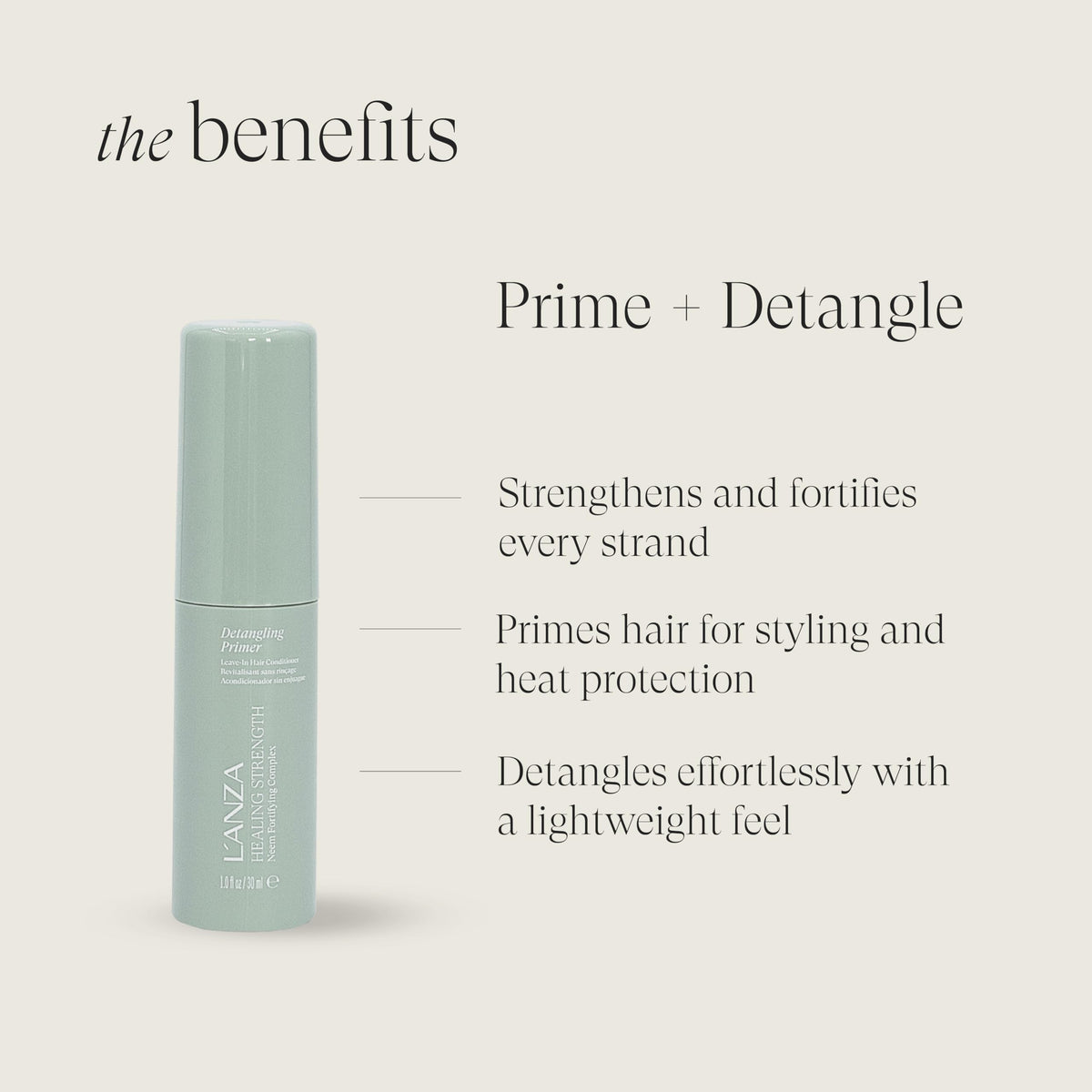 L’ANZA Healing Strength Detangling Primer dispensing pump; easy detangling and even distribution.