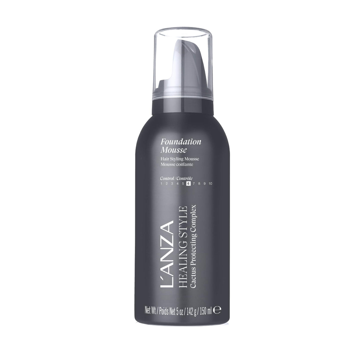 L’ANZA Healing Style Foundation Mousse bottle showing medium hold for versatile styling.