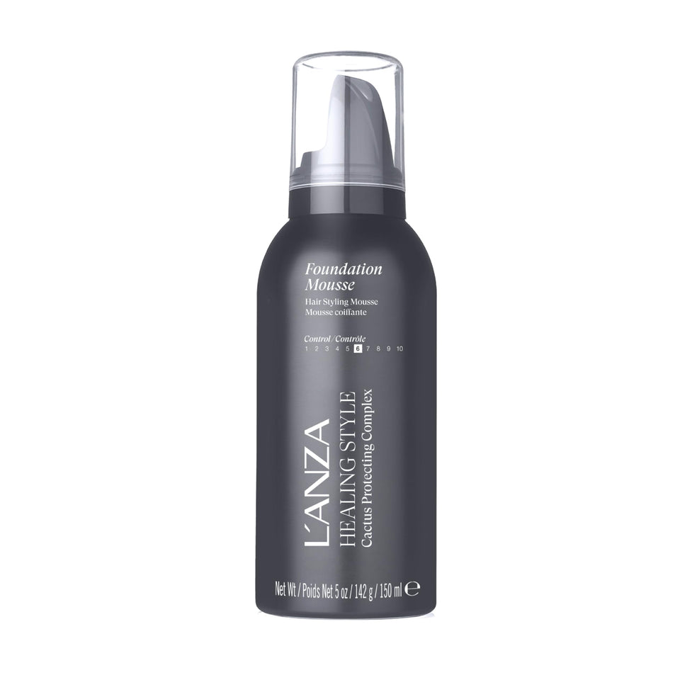 L’ANZA Healing Style Foundation Mousse bottle showing medium hold for versatile styling.