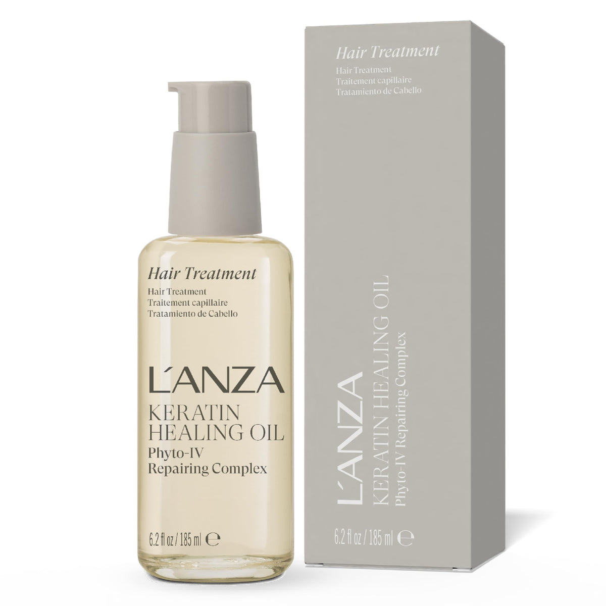 L’ANZA Keratin Healing Oil bottle close-up promoting lightweight hydration and radiant shine.