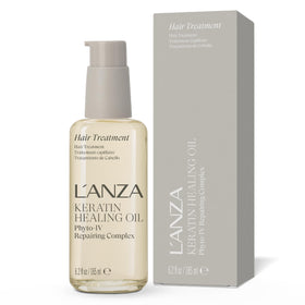 L’ANZA Keratin Healing Oil bottle close-up promoting lightweight hydration and radiant shine.