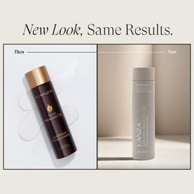L’ANZA conditioner label close-up highlights keratin and oils for elasticity.