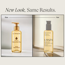 L’ANZA Keratin Healing Oil dropper in use for targeted frizz control.
