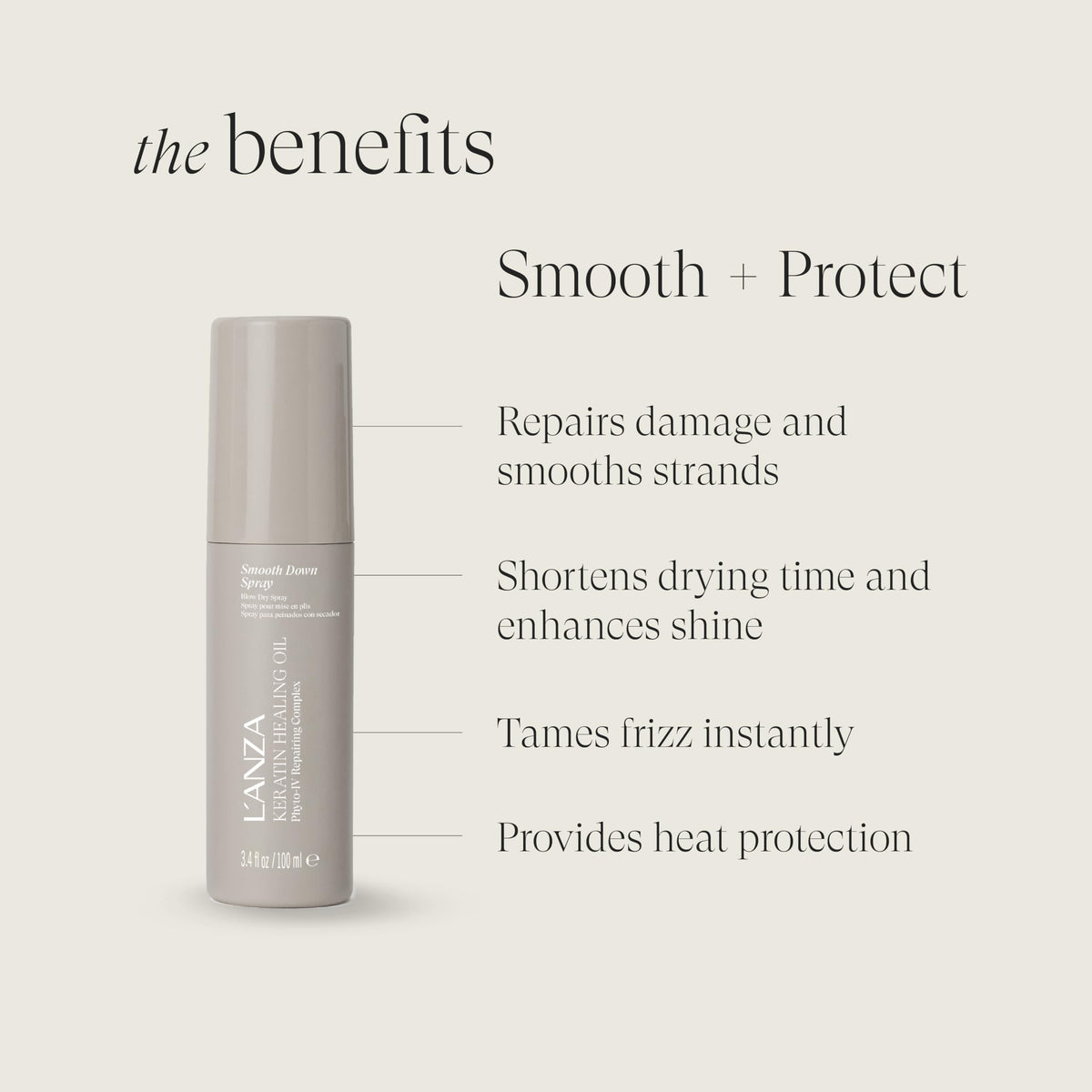 Lanza Keratin Healing Oil Smooth Down Spray controls flyaways for polished looks.