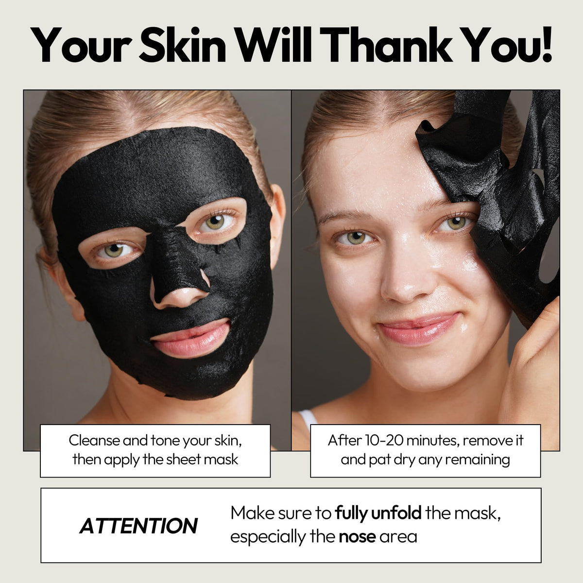 Mask removed revealing smoother-looking skin with refined pores.