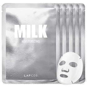 LAPCOS Milk Sheet Mask packaging showcases premium Korean skincare and hydration.