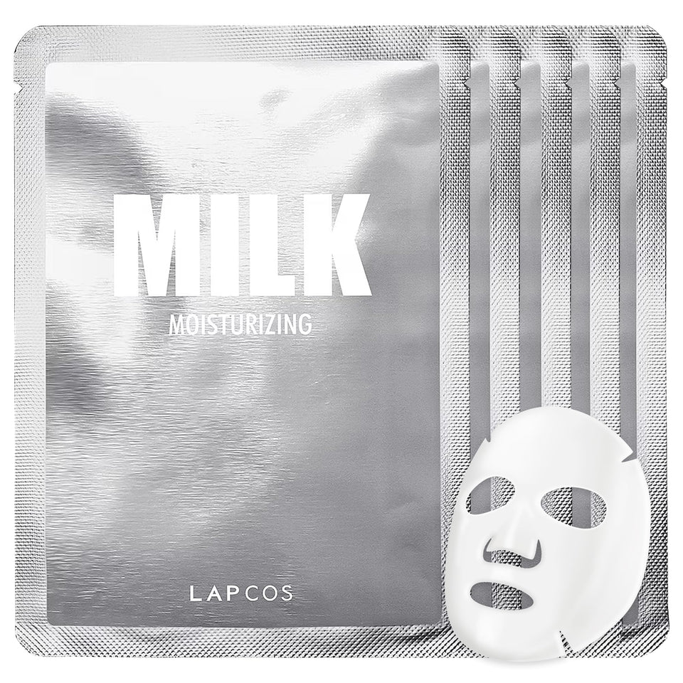 LAPCOS Milk Sheet Mask packaging showcases premium Korean skincare and hydration.