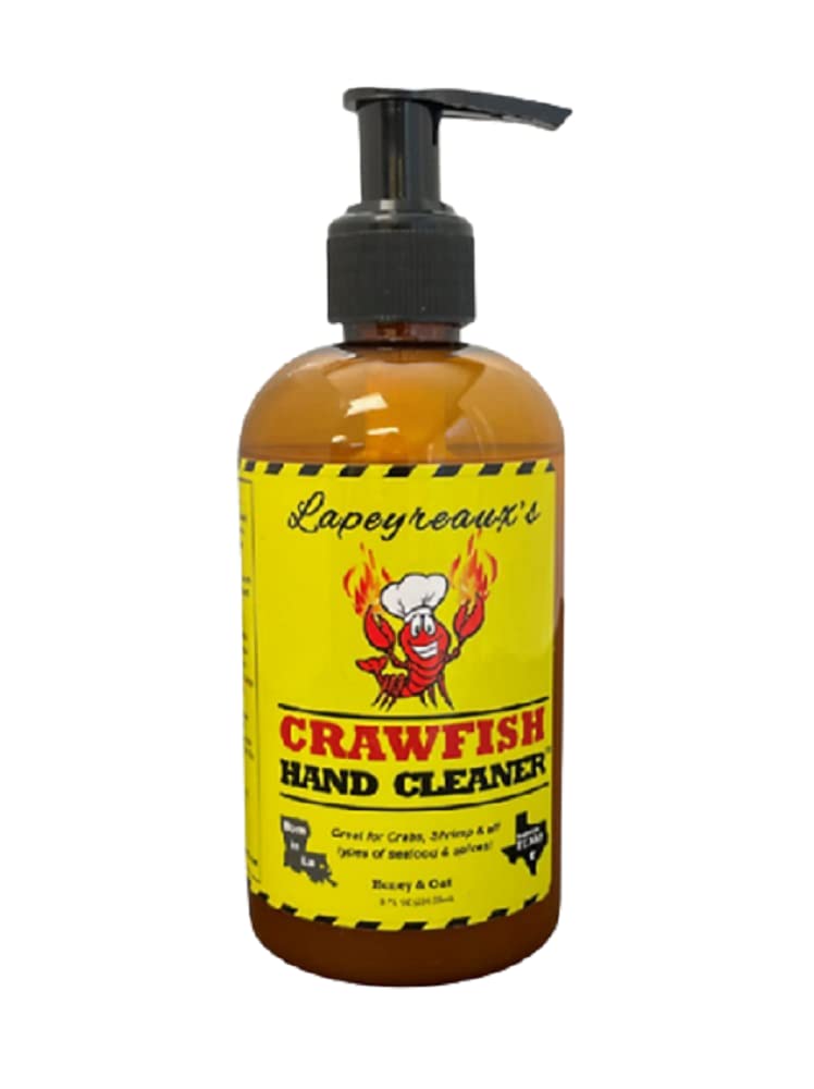 Lapeyreaux's Crawfish Hand Cleaner bottle front showing honey oat scent for post-meal refresh.