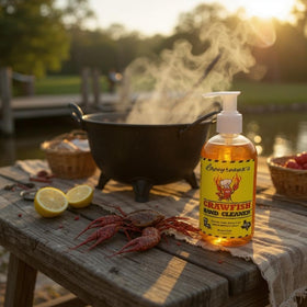 Lapeyreaux's Crawfish Hand Cleaner pour angle highlighting soothing lather after seafood prep.