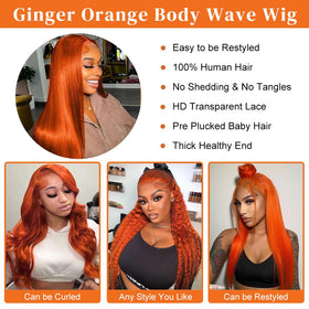LAPONDAI ginger-orange wig demonstrating 13x6 deep parting and styling options