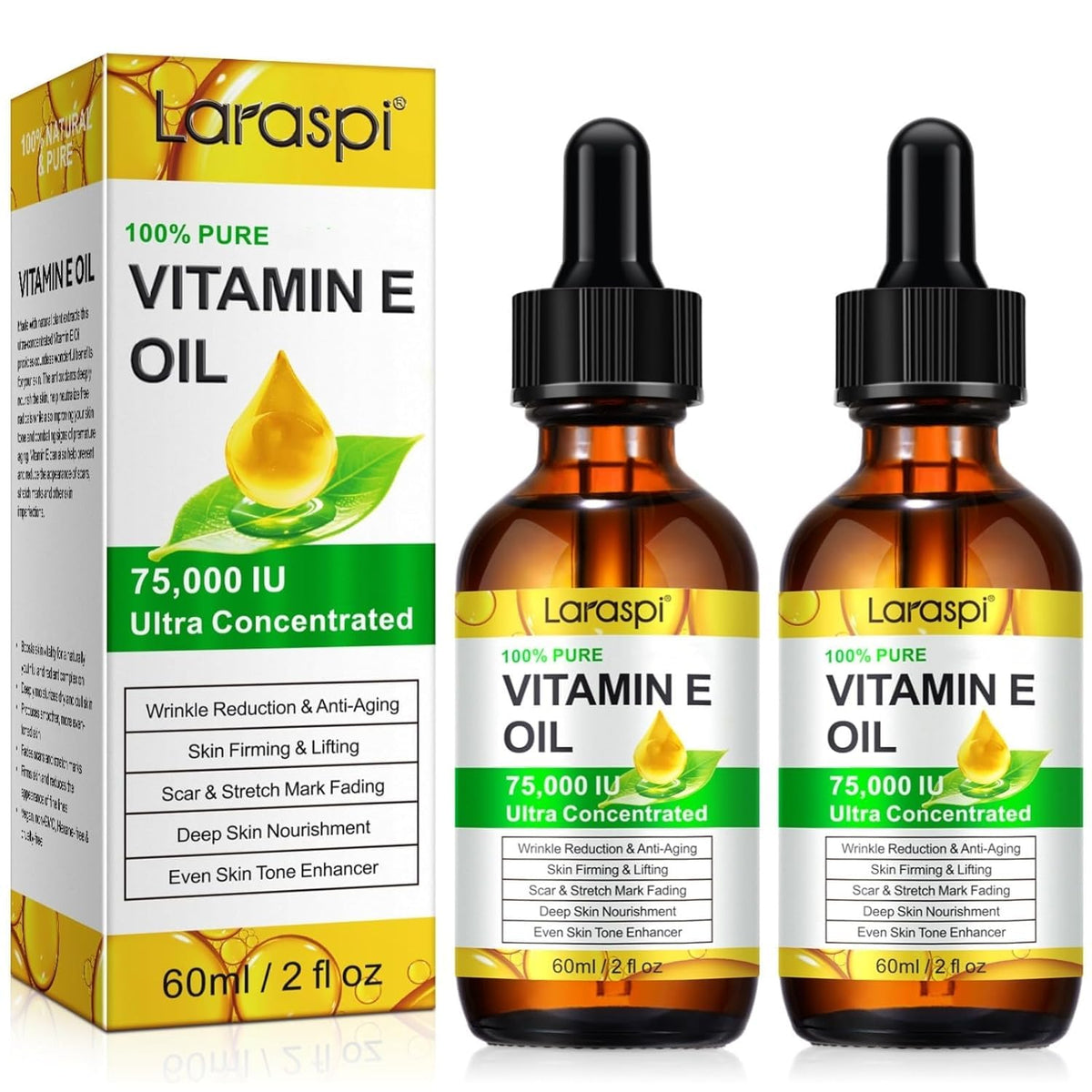 Laraspi Vitamin E Oil bottle close-up for nourishing dry skin.