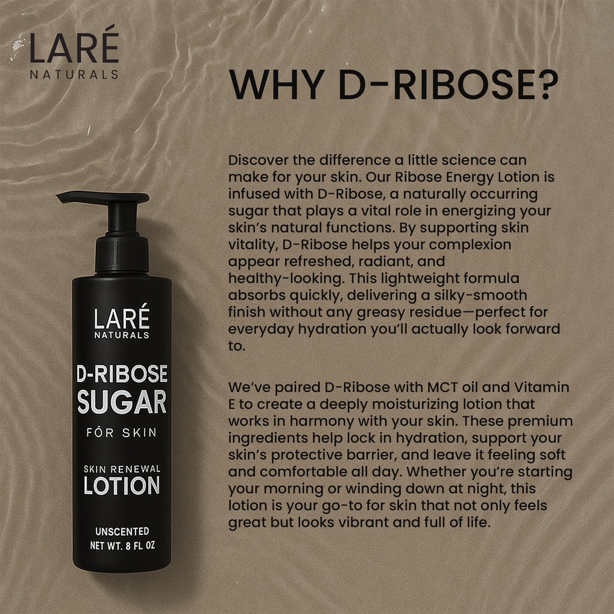 Laré Naturals unscented lotion with fast absorption for daily use.