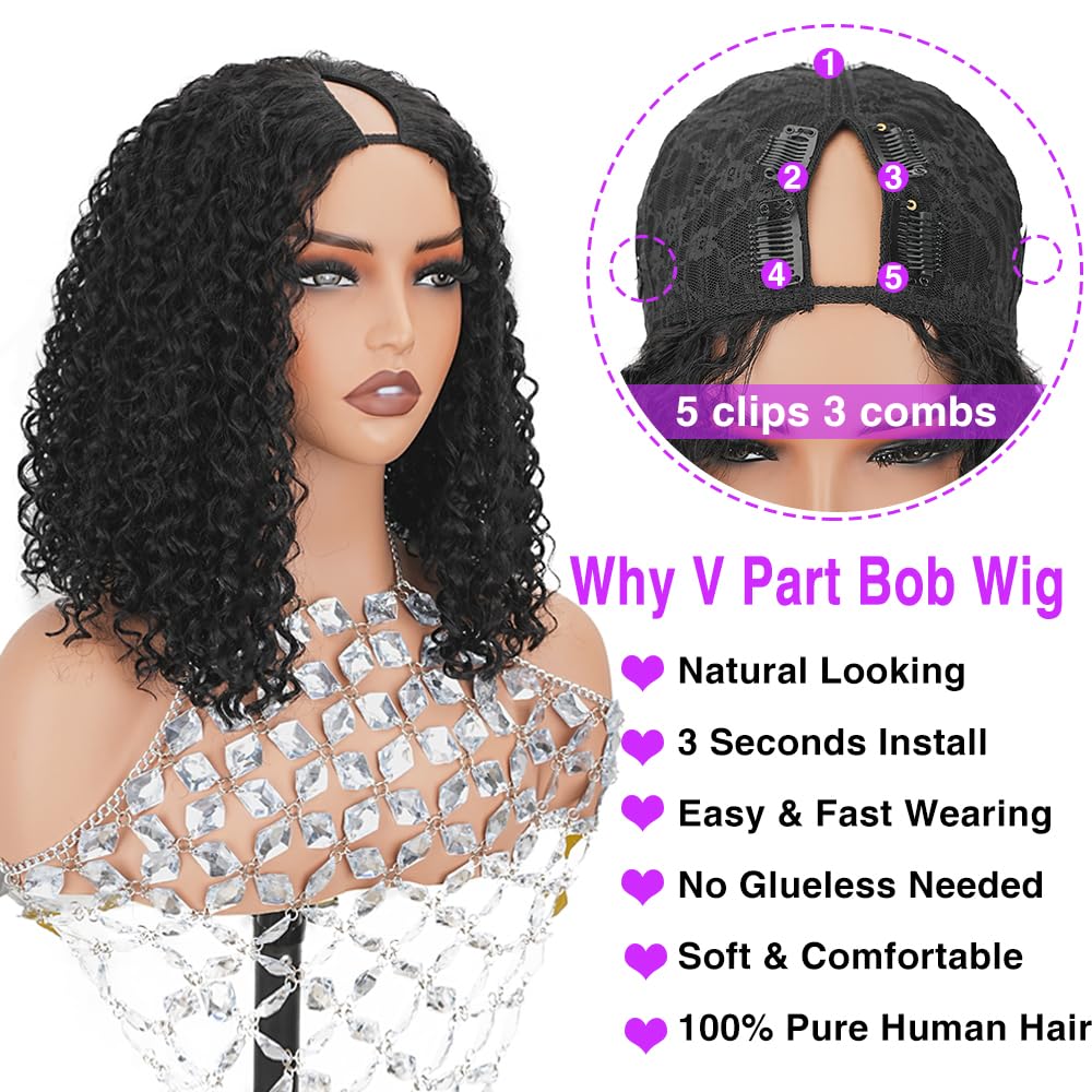 Larhali V Part Curly Bob Wig glueless drawstring cap for quick wear.