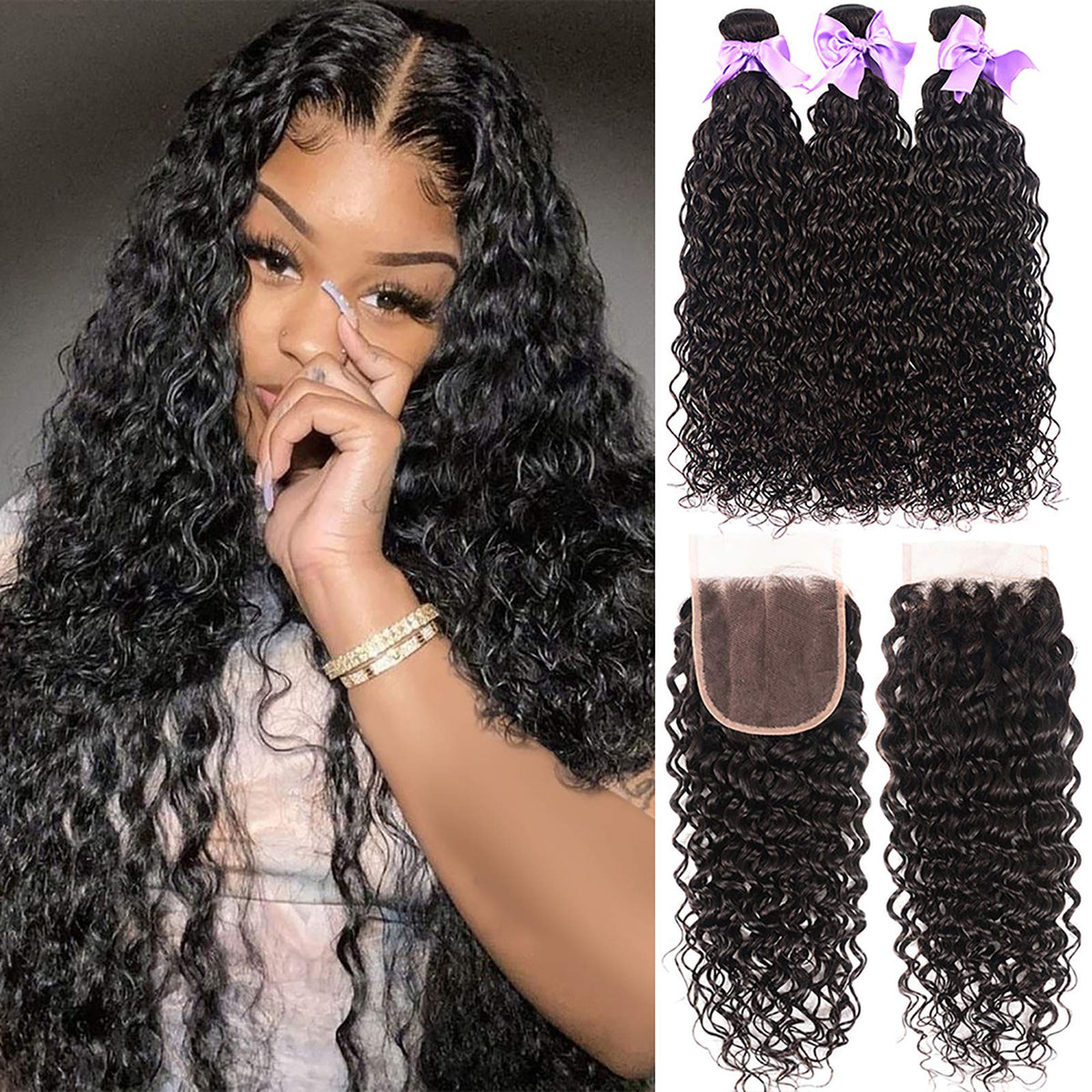 Laritaiya water wave bundles with closure in natural black for versatile styling.