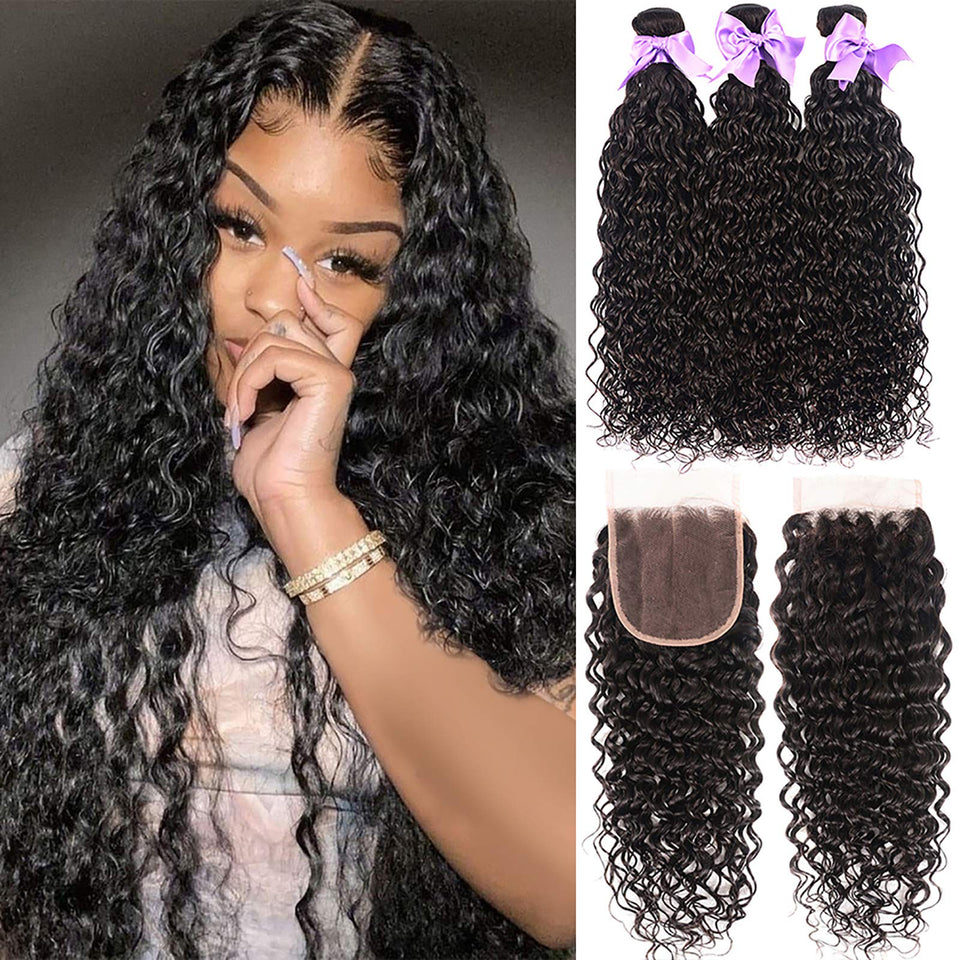 Laritaiya water wave bundles with closure in natural black for versatile styling.