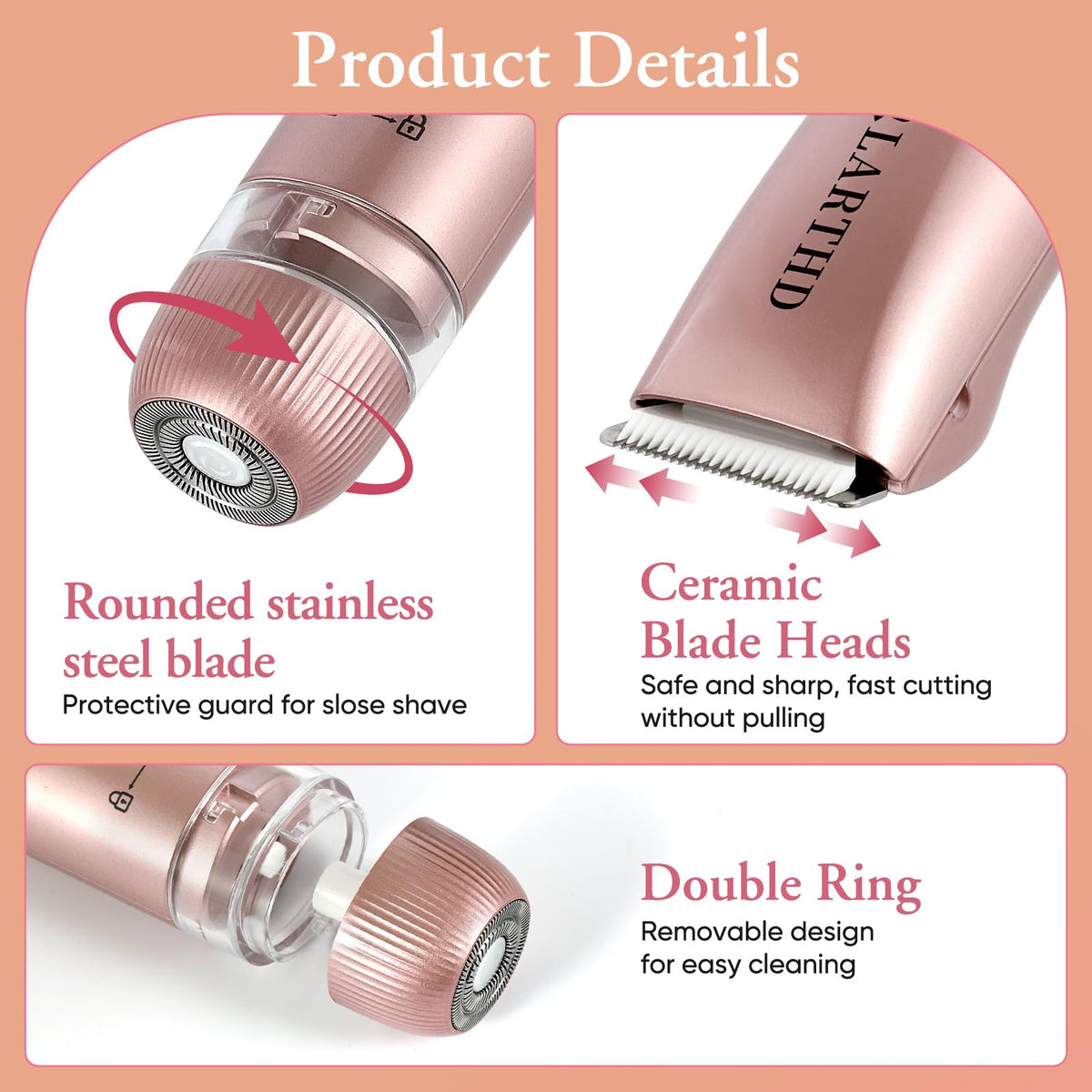 LARTHD Flawless ceramic blades close-up showing skin-friendly glide.