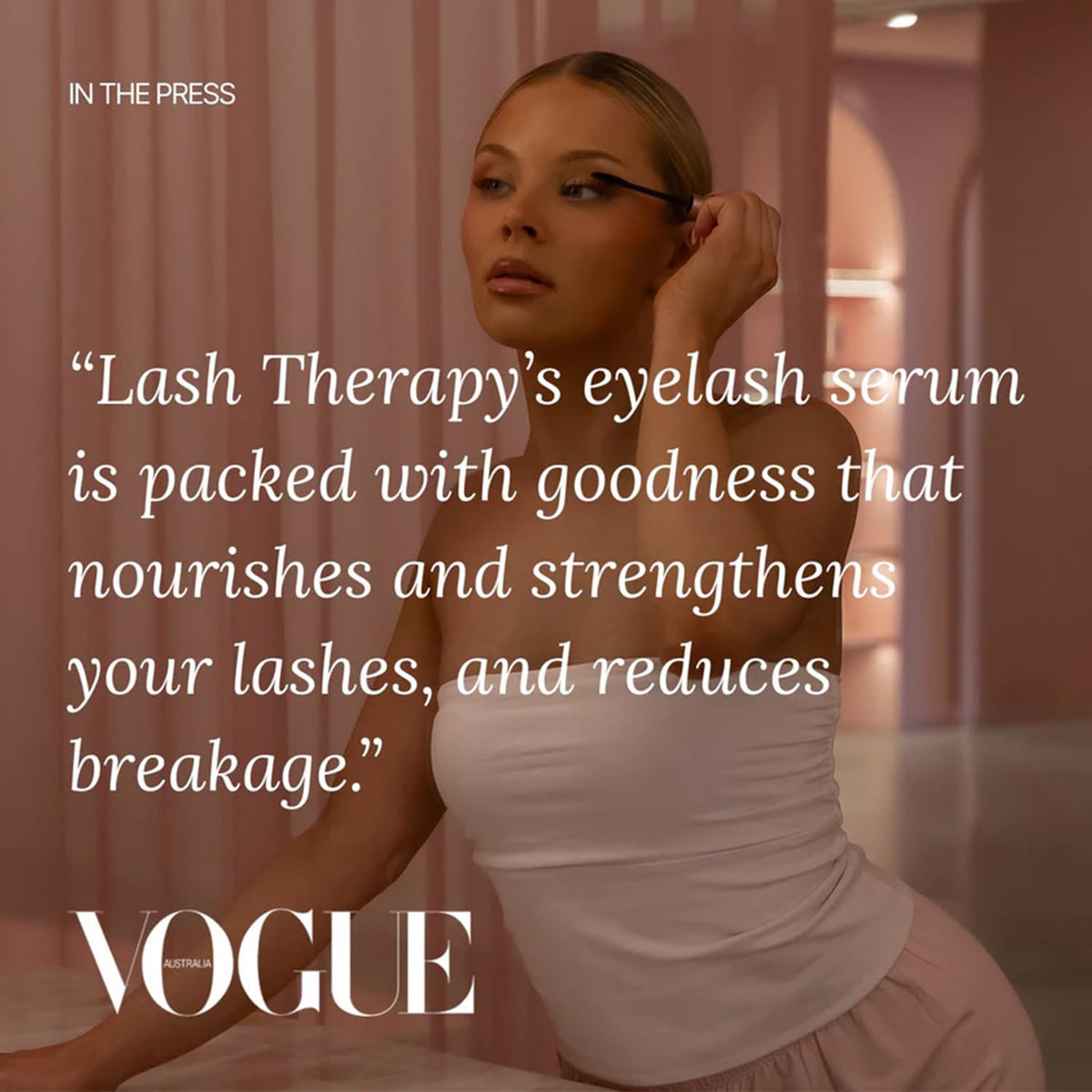 Lash Therapy Australia display on a bathroom shelf with compact serum for busy mornings.