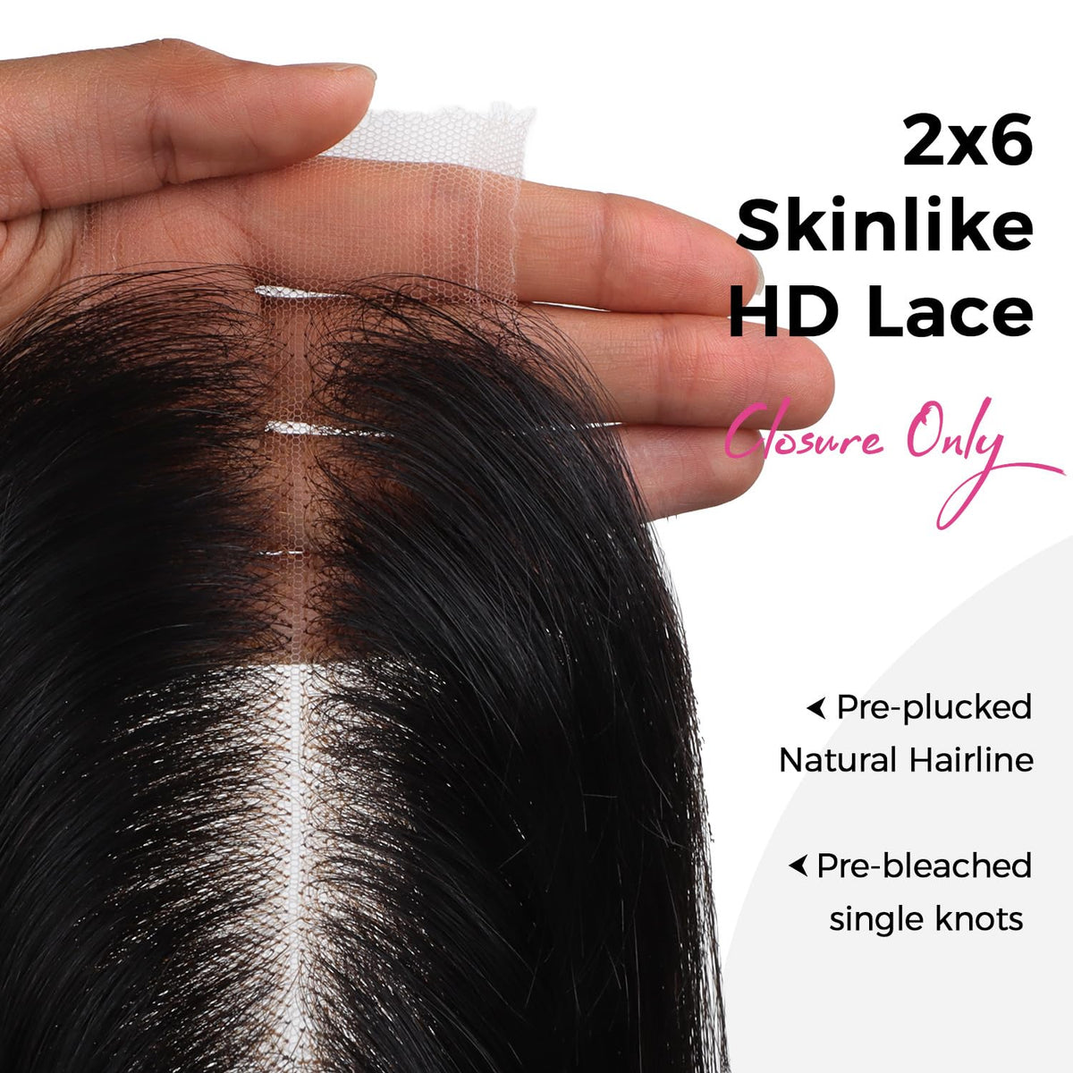 Lashey pre-plucked hairline close-up suggests quick styling potential.