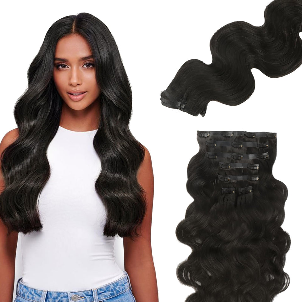 Lashey seamless clip-in body wave extensions in 14 inches for instant length