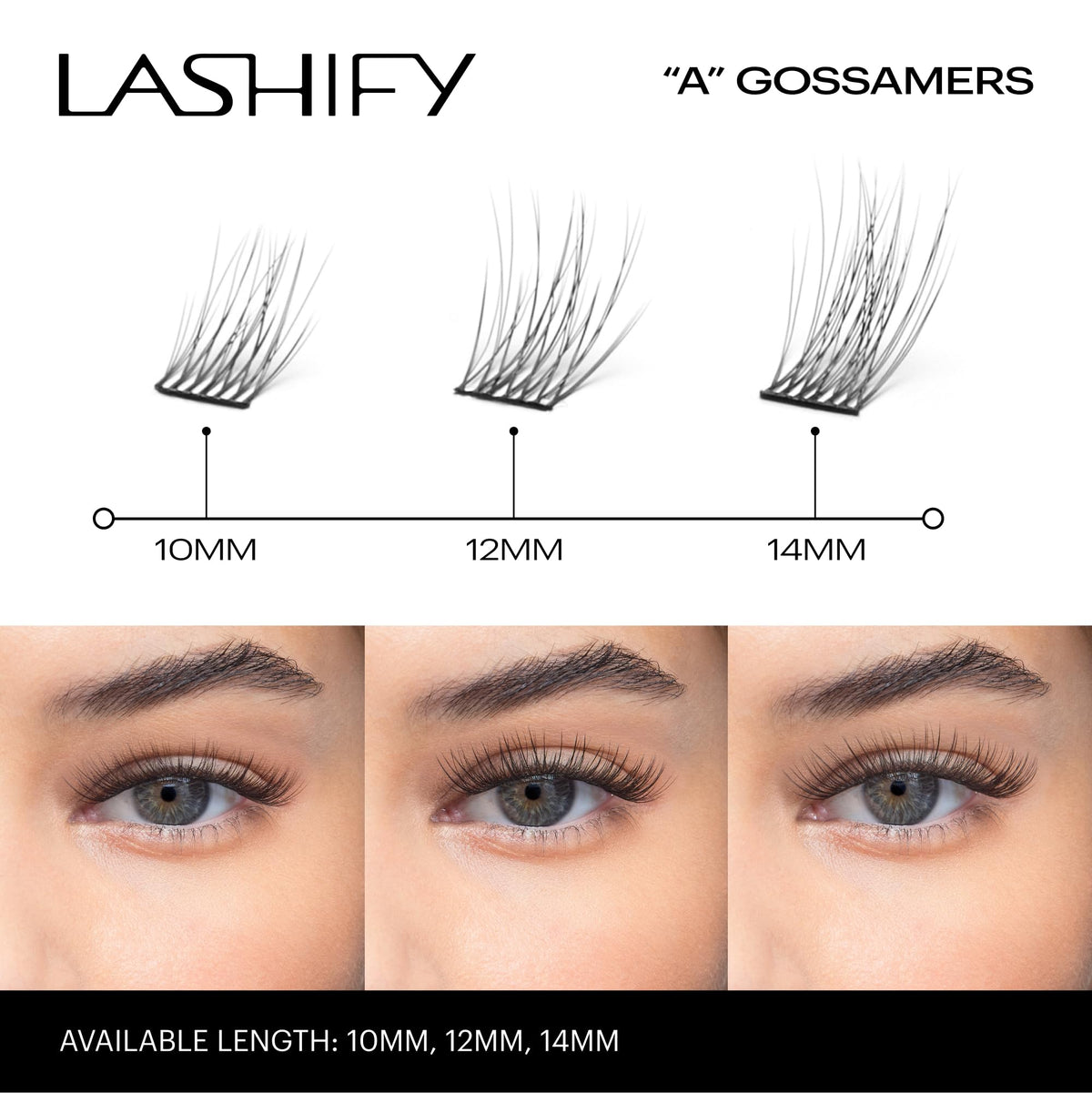 Packaging shot highlighting 12 lashes per cartridge and length options