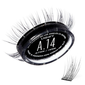 Lashify Amplify 14mm Gossamer cartridge close-up shows delicate spine for natural lashes.