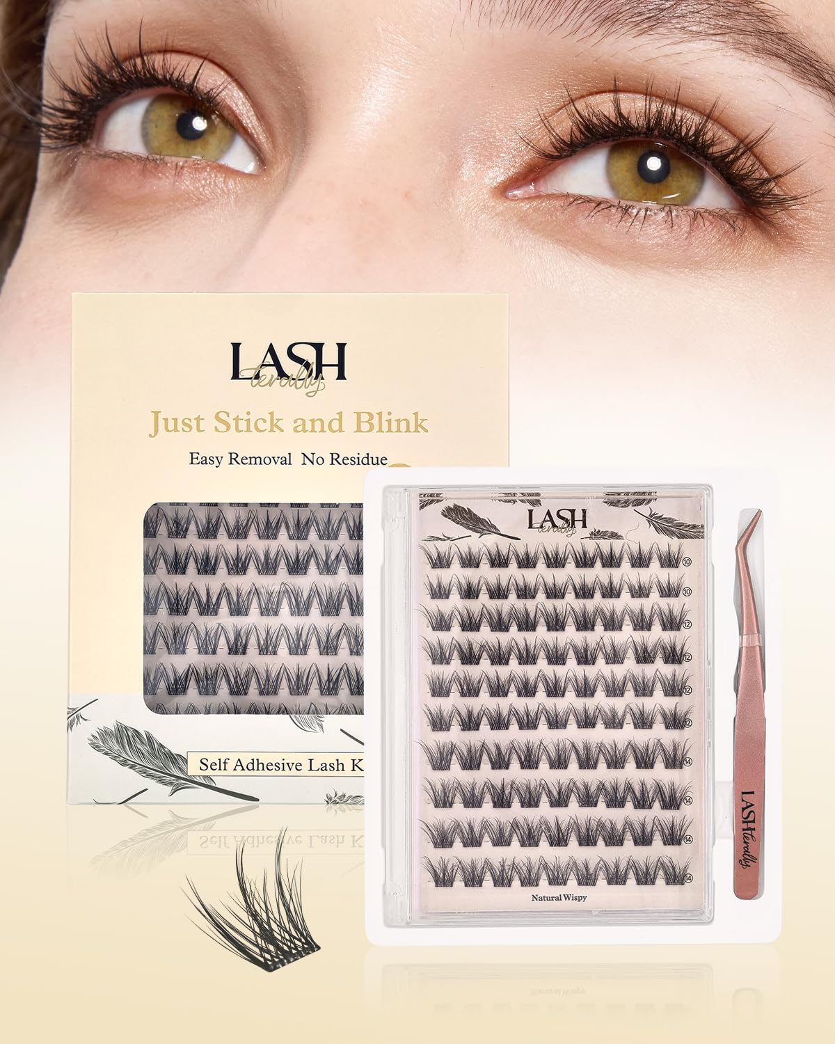 Lashterally self-adhesive eyelash clusters in a 90-count box for fast, glue-free application.