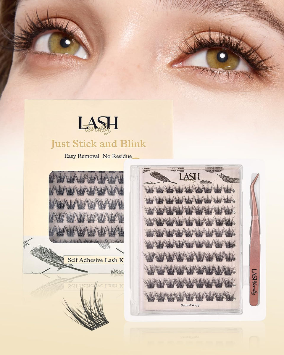 Lashterally self-adhesive eyelash clusters in a 90-count box for fast, glue-free application.
