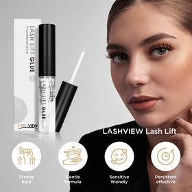 LashVIEW travel size glue beside makeup bag for on-the-go use.