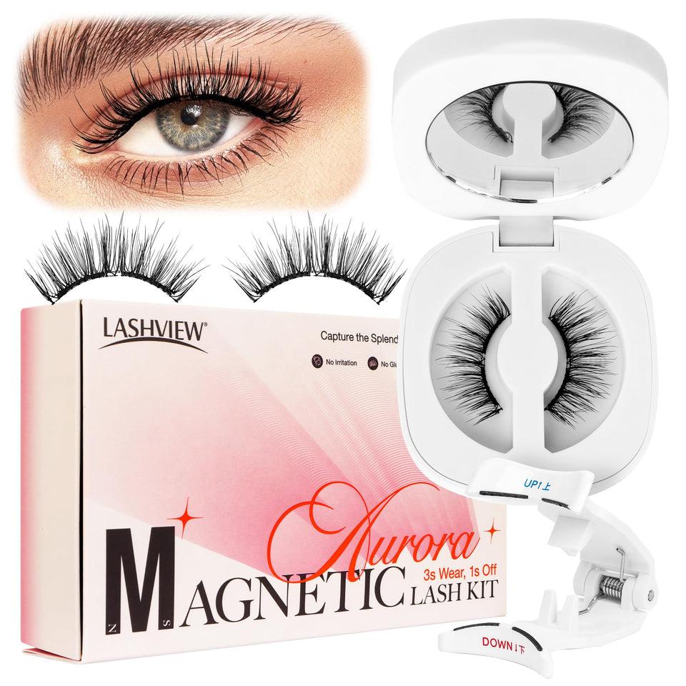 LASHVIEW Upgrade magnetic eyelashes with applicator demonstrate quick 3-second application for busy mornings.