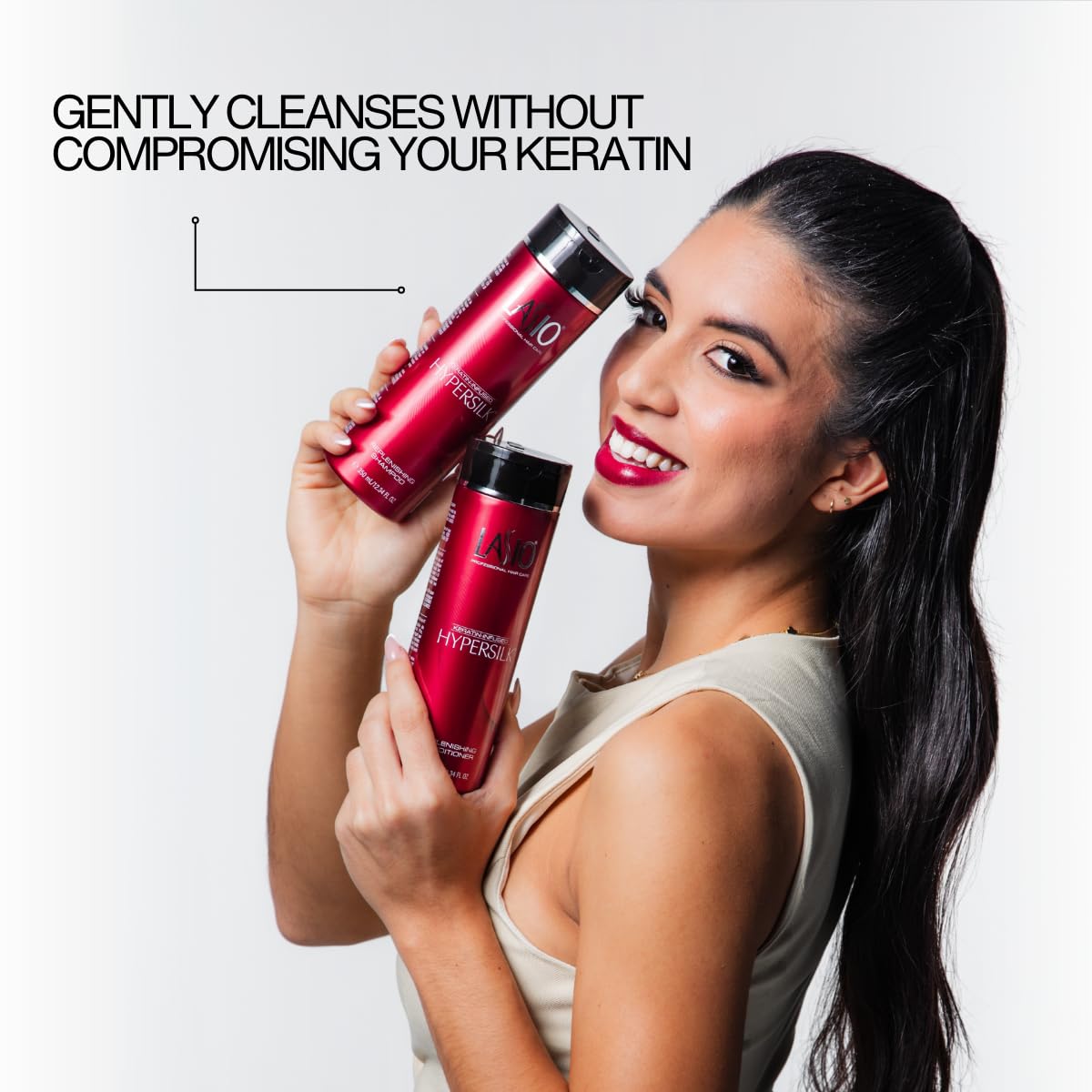 Lasio Hypersilk Shampoo label notes keratin, amber extract, color-safe cleansing.