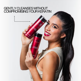 Lasio Hypersilk Shampoo label notes keratin, amber extract, color-safe cleansing.
