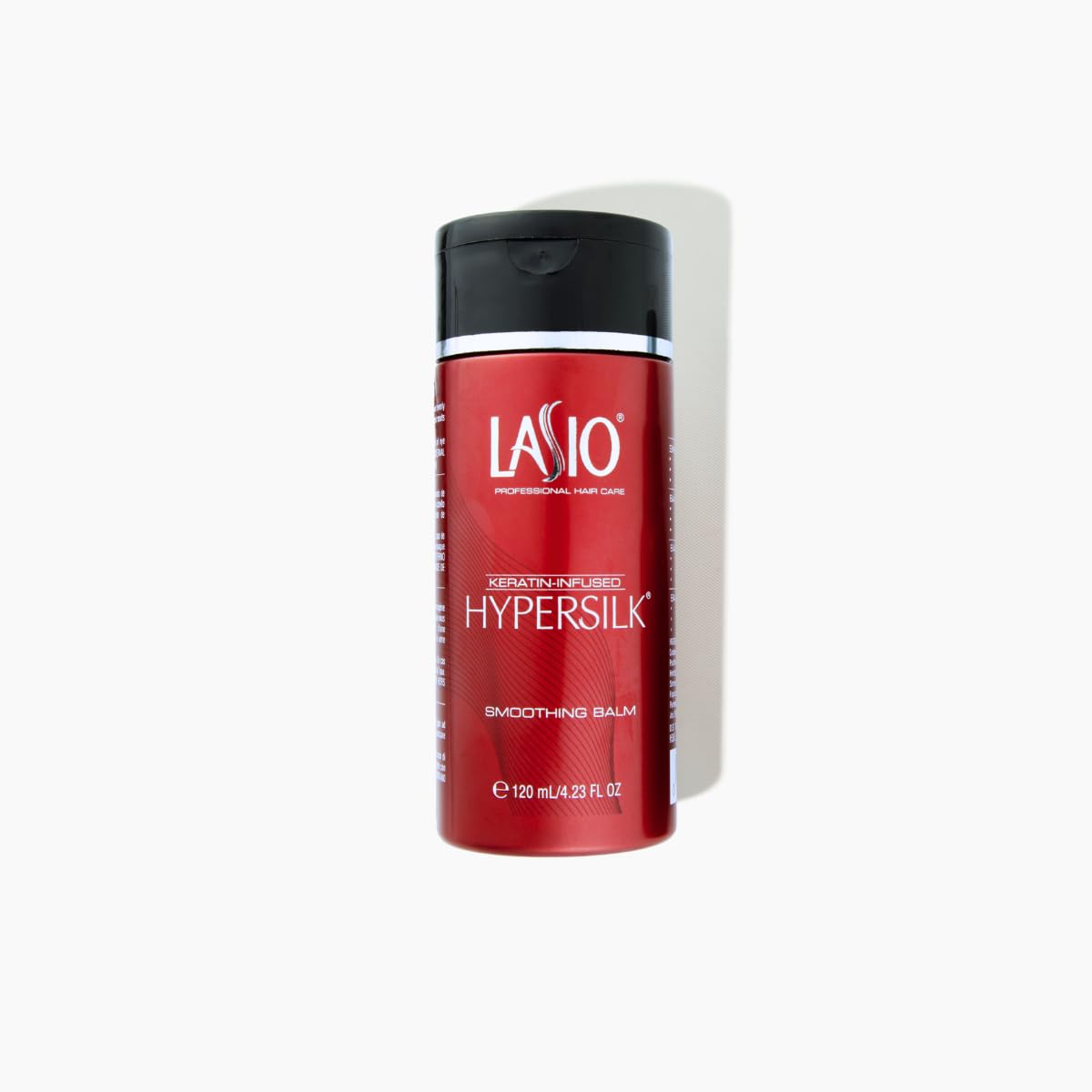 Lasio Keratin-Infused Hyper Silk hair balm bottle showing heat protection and shine.