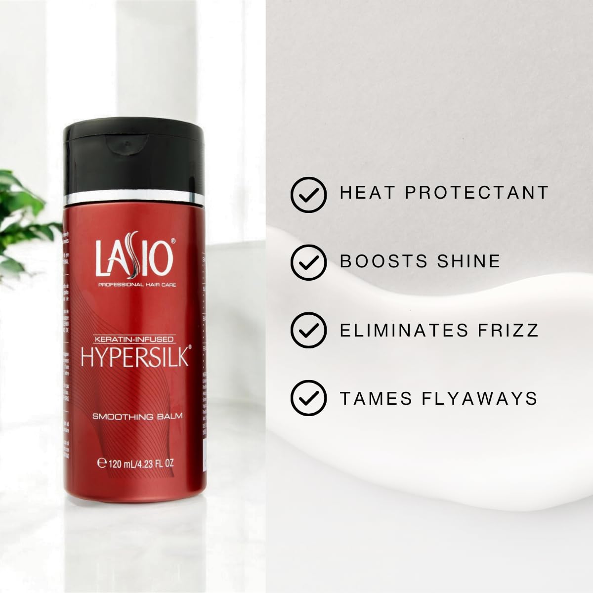 Lasio balm on hands applying a dime-sized amount for frizz control.