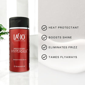 Lasio balm on hands applying a dime-sized amount for frizz control.
