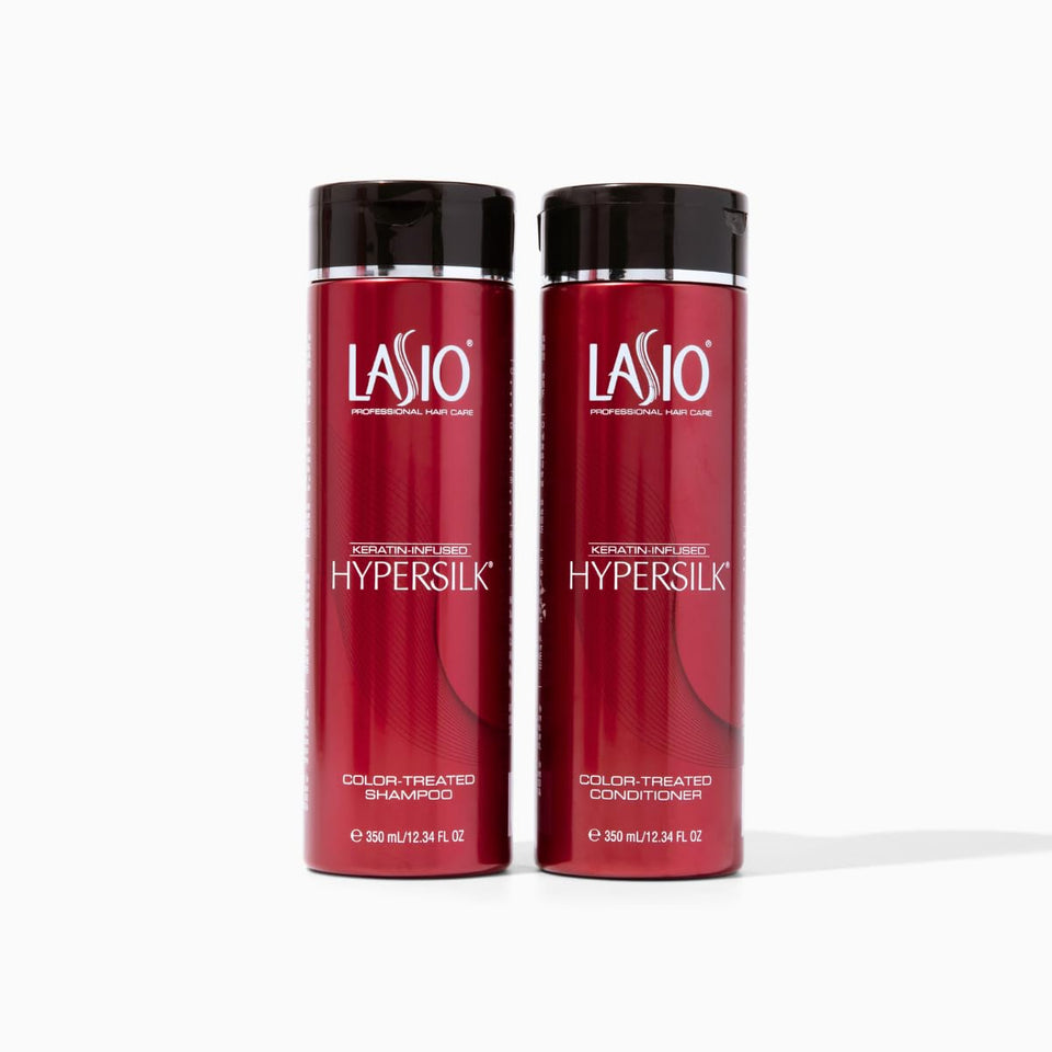 Lasio Keratin-Infused Hypersilk Shampoo bottle shown for color protection and daily hydration.