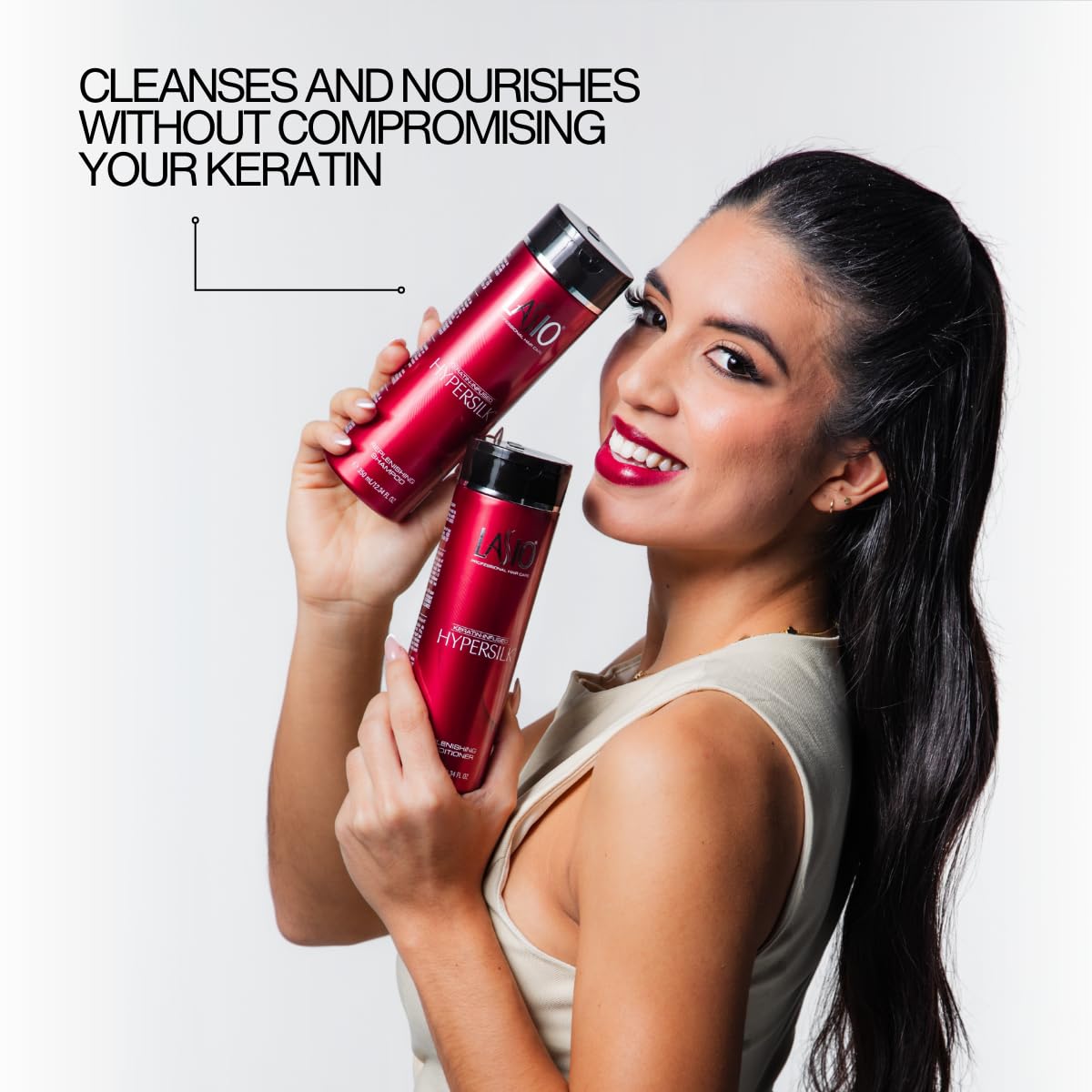 Lasio keratin-infused shampoo bottle highlighting stronger hair and reduced breakage.