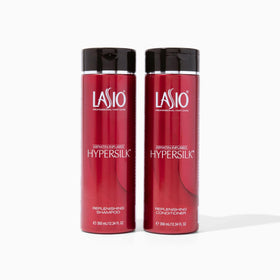 Lasio replenishing shampoo bottle with amber extract for deep hydration and shine.