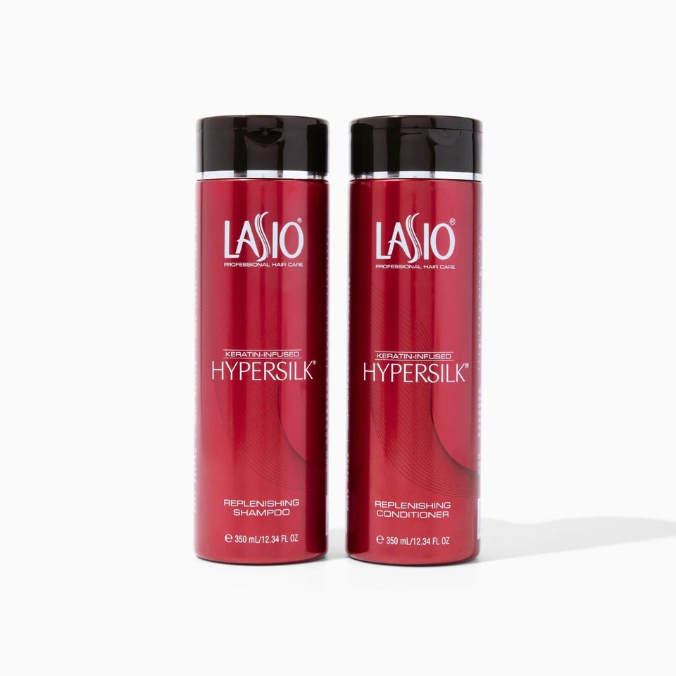 Lasio replenishing shampoo bottle with amber extract for deep hydration and shine.