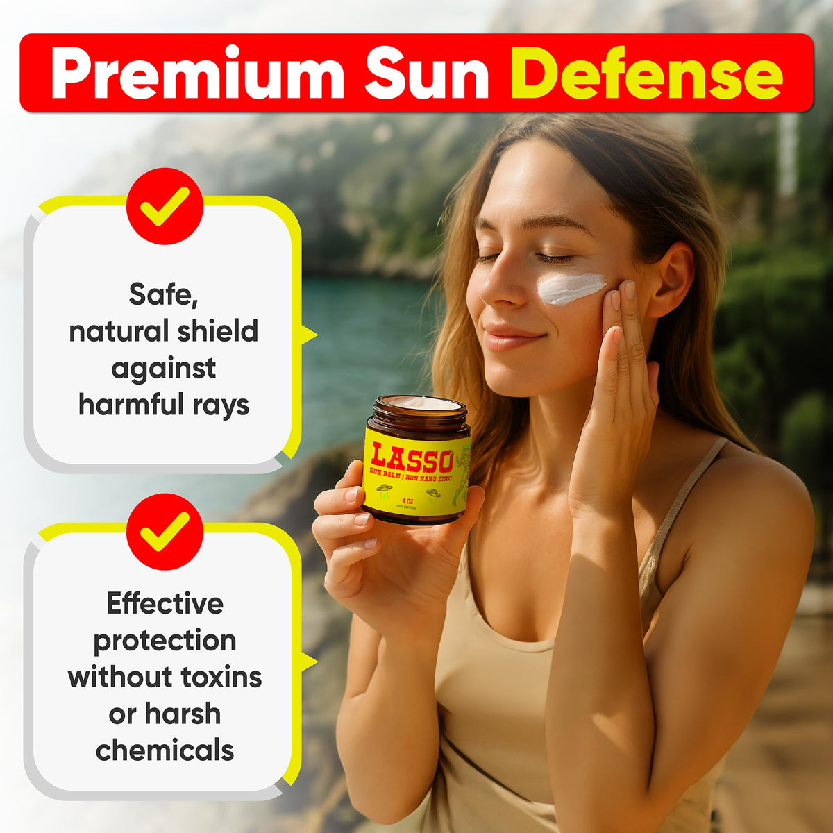LASSO TALLOW Sun Balm ingredients graphic featuring tallow, zinc oxide, beeswax.