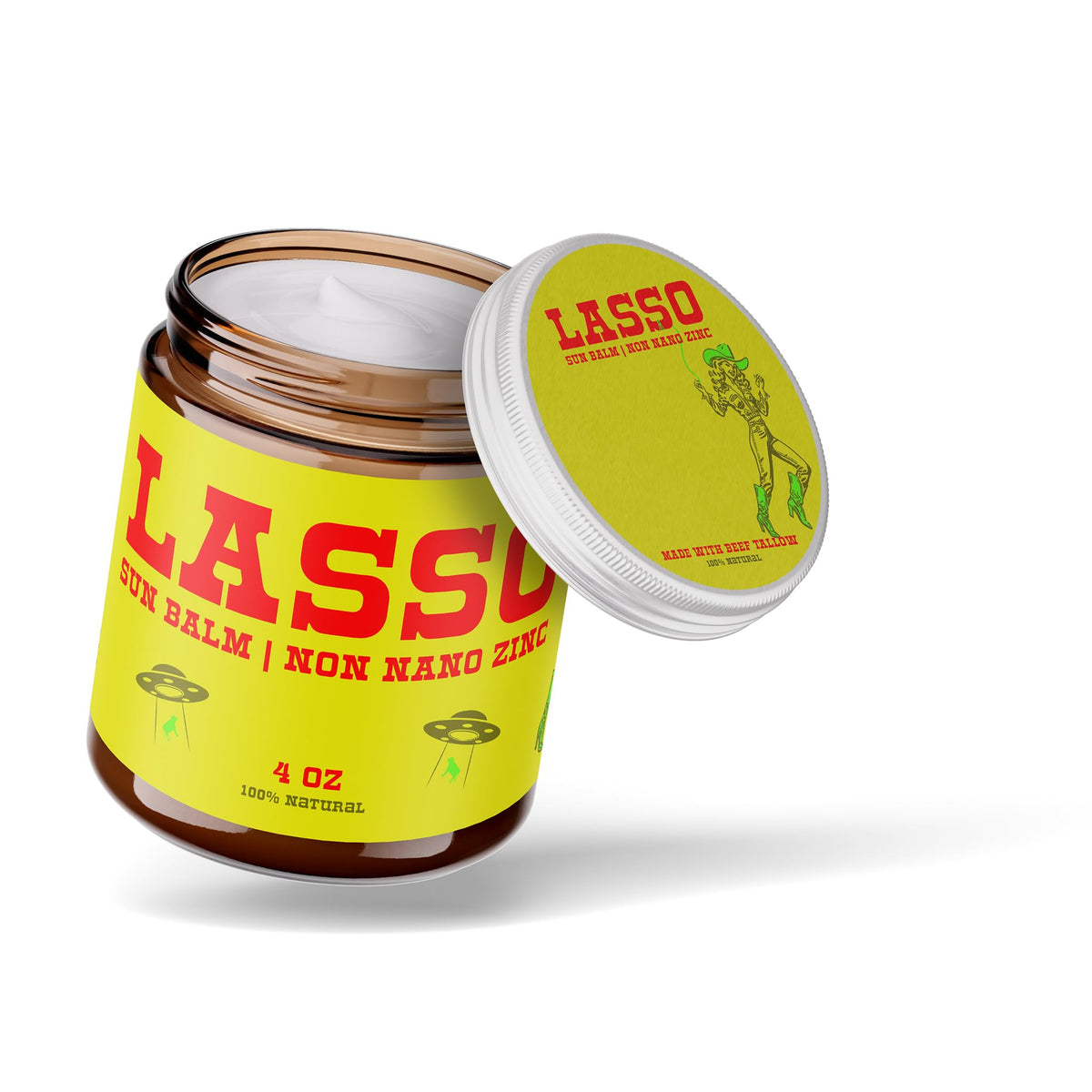 LASSO TALLOW Sun Balm jar front showing reef-safe formula for sensitive skin.