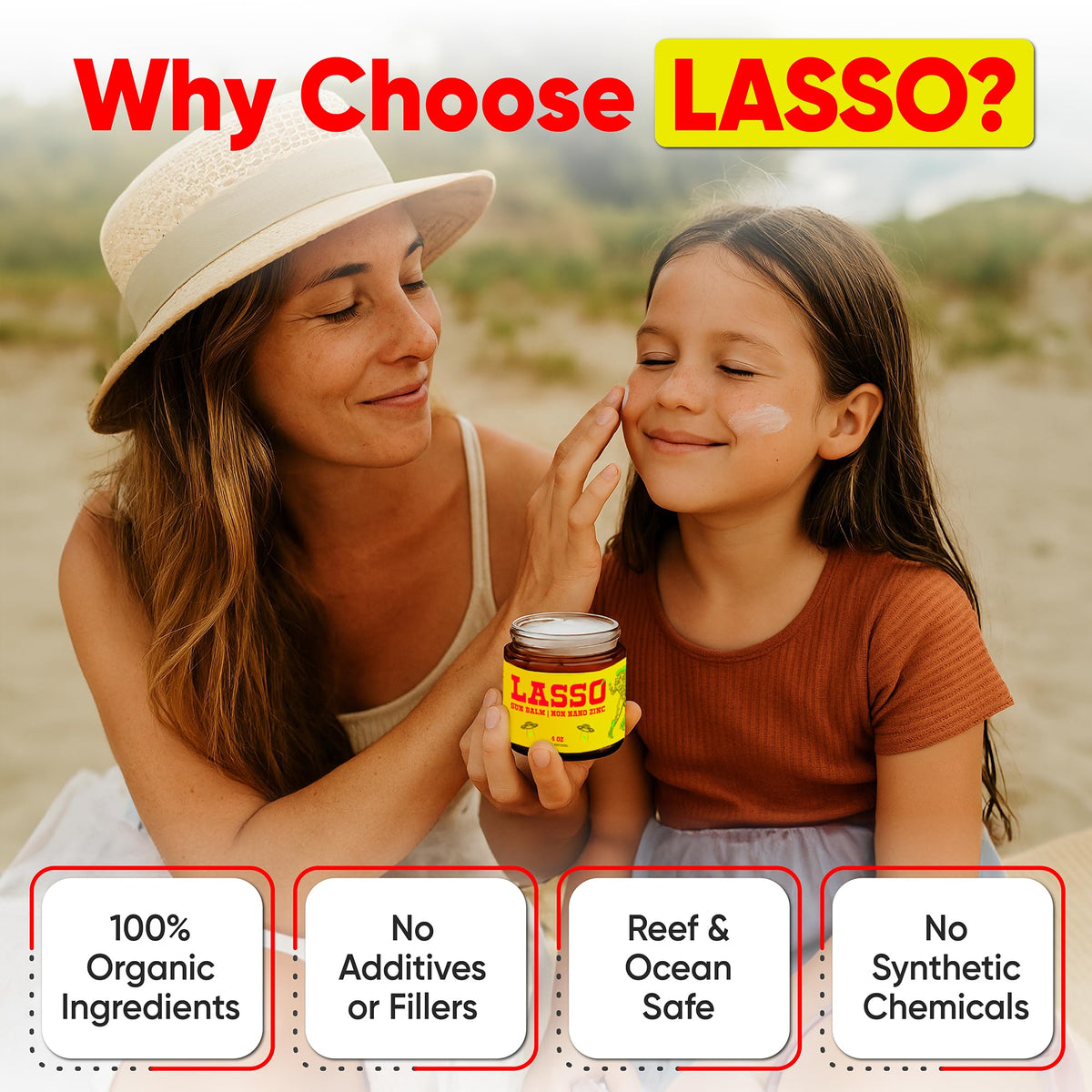 LASSO TALLOW Sun Balm packaging indicating 4oz glass jar and eco-friendly materials.