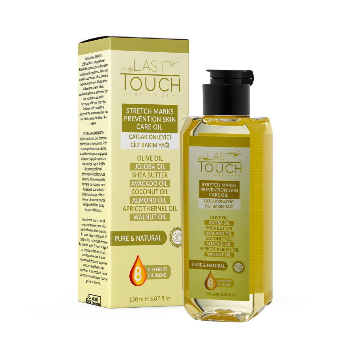LAST TOUCH Stretch Mark Oil bottle pouring shows quick, non-greasy hydration.