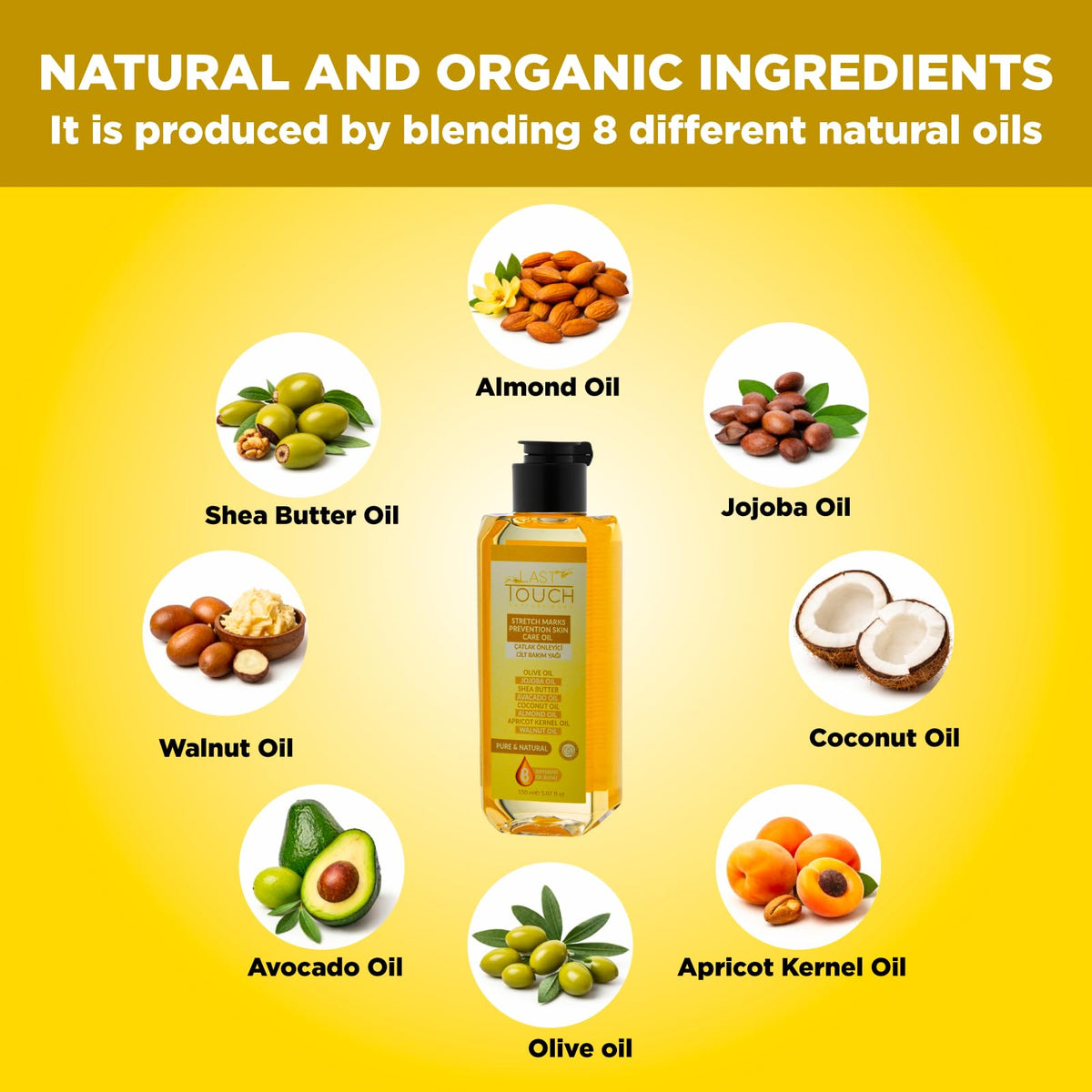 LAST TOUCH Stretch Mark Oil with almond and coconut oils for deep nourishment.