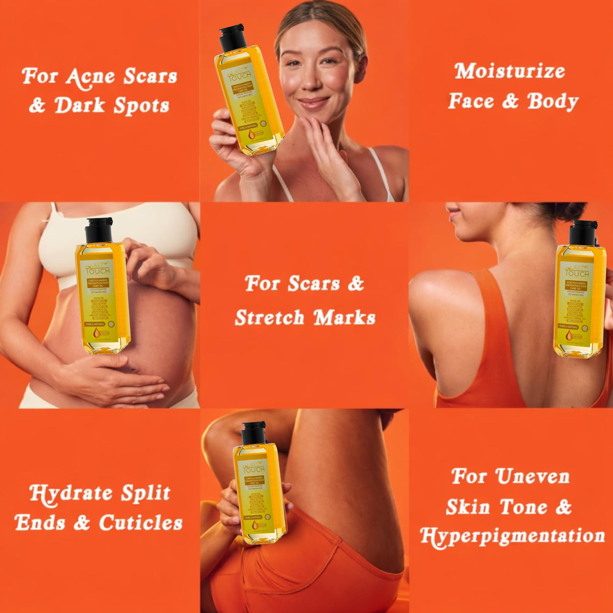 LAST TOUCH Stretch Mark Oil packaging shows 5.07 oz and dermatologist-tested.