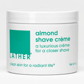 LATHER Almond Shave Crème bottle highlights a moisturizing, non-foaming formula ideal for sensitive skin
